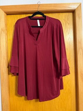 Dear Scarlett wrinkle free Women's Split-Neck Ruffle Sleeve Blouse in Burgundy
